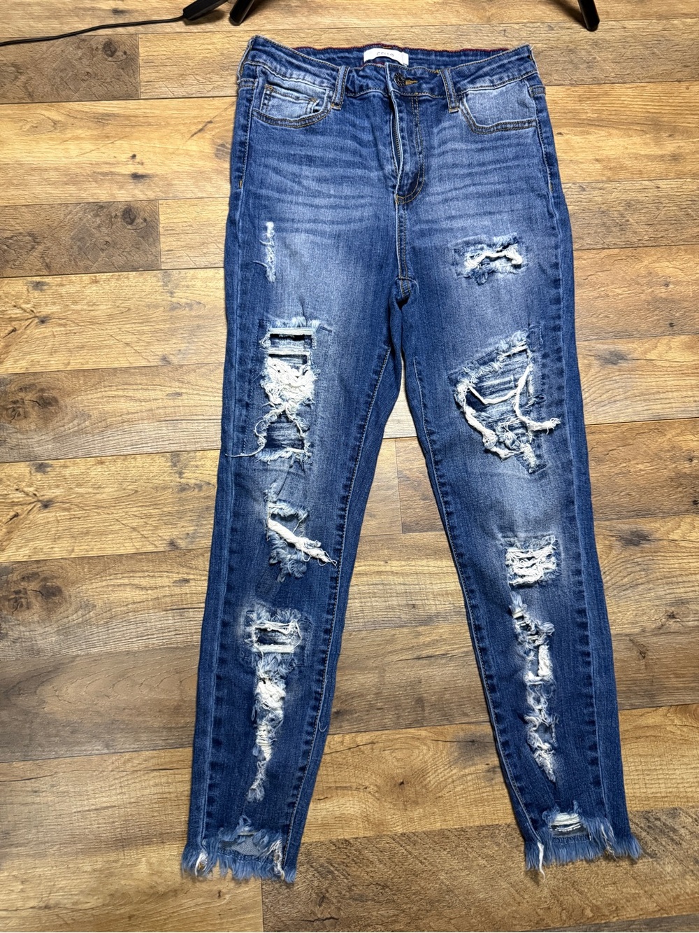 Cello High Rise Heavily Distressed Skinny Jeans Frayed Hem Medium Wash Size 9